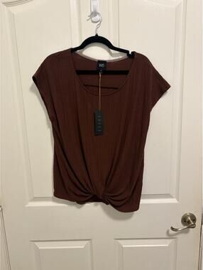 W5 Brown Ribbed Twist Front Short Sleeve Top Size Large